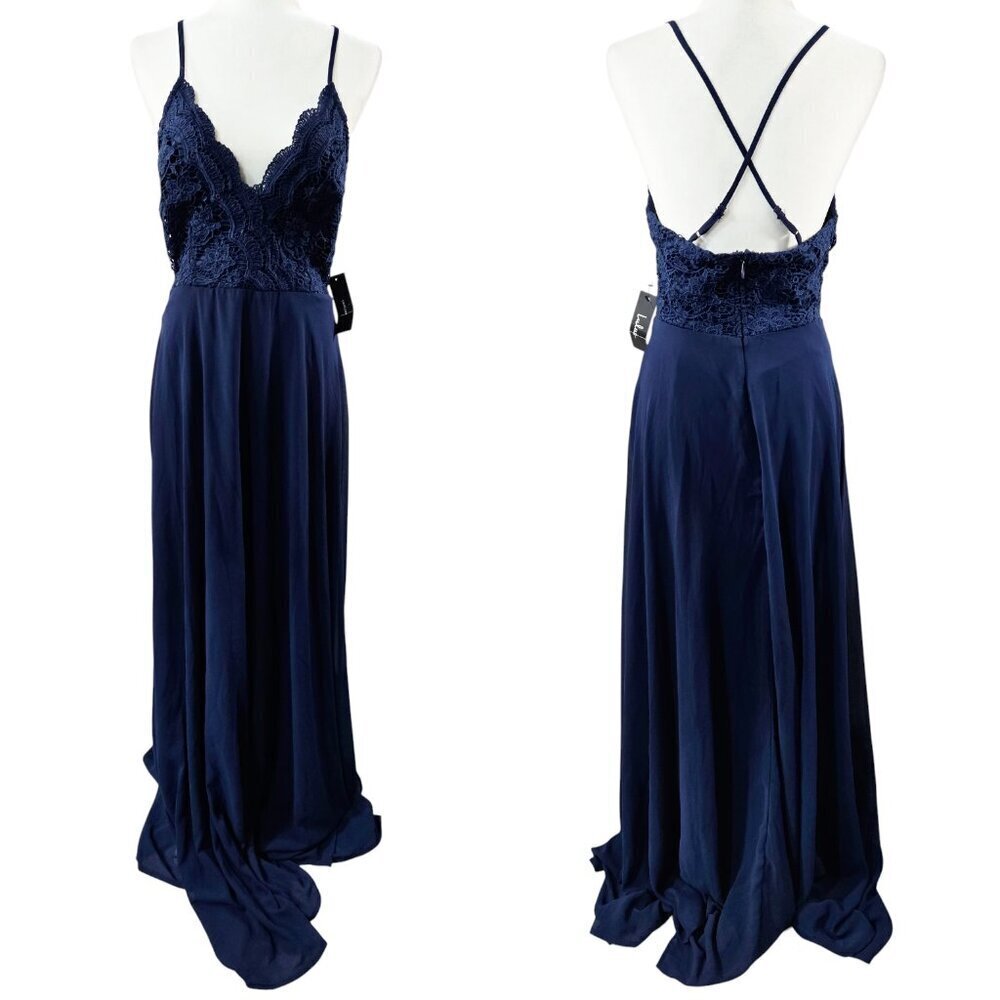 Lulu's NWT Madalyn Navy Blue Lace Chiffon Maxi Spaghetti Strap Cross Back Dress